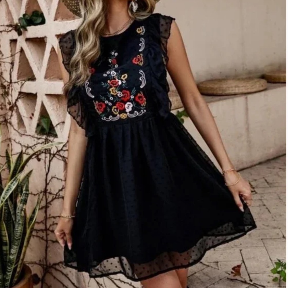 SHEIN Black Flowy Polka Dot Dress w/ Embroidered Colorful Floral Design on Top